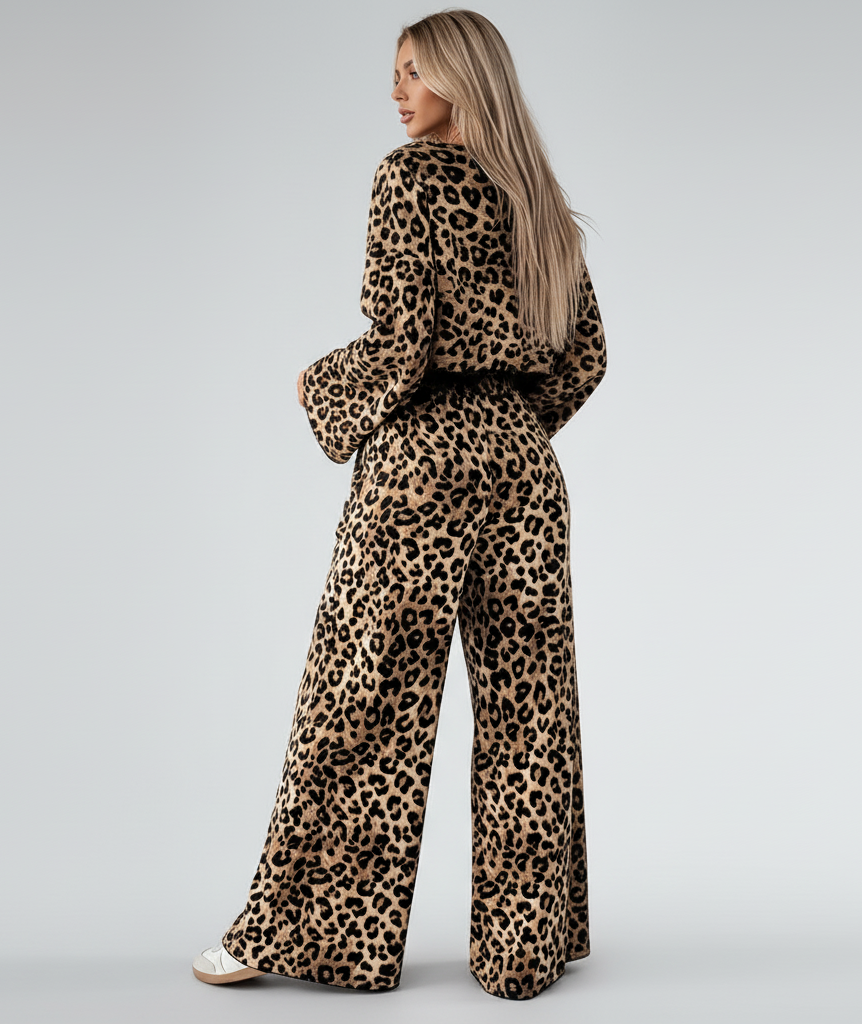 Leopard Print Wide Leg Suit Set