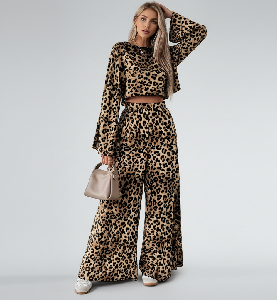 Leopard Print Wide Leg Suit Set