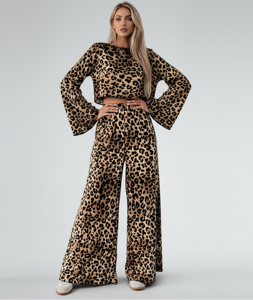 Leopard Print Wide Leg Suit Set