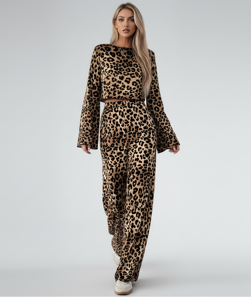 Leopard Print Wide Leg Suit Set